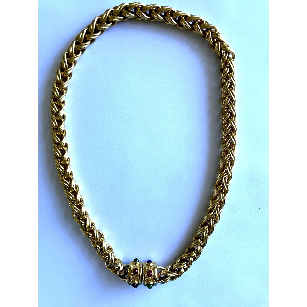 RAU KLIKIT Vintage Gold Tone Wheat Chain Necklace Cabochon Magnetic Clasp
